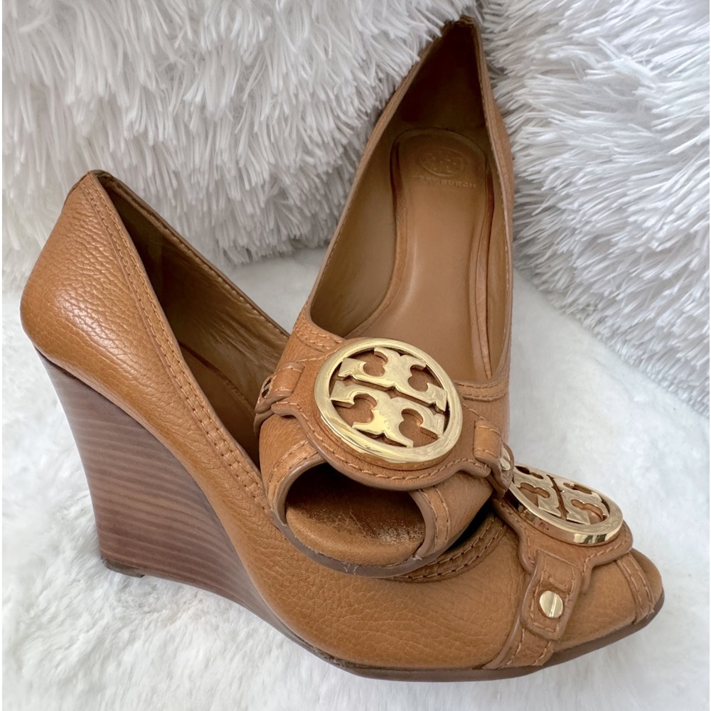 Tory Burch Leather Leticia Peep Toe Tan Wedge Pump 9.5